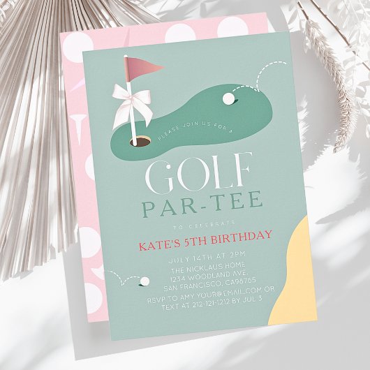 Golf Fairway Pink Flag Bow Girl's Birthday Par-Tee 招待状