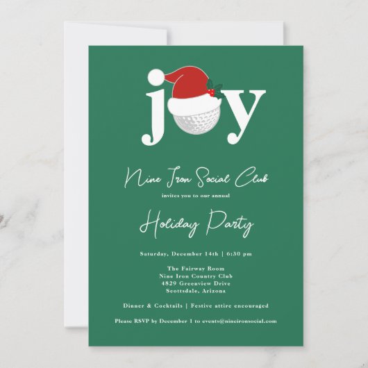 Golf Festive Holiday Party Joy Typography Green 招待状 (正面)