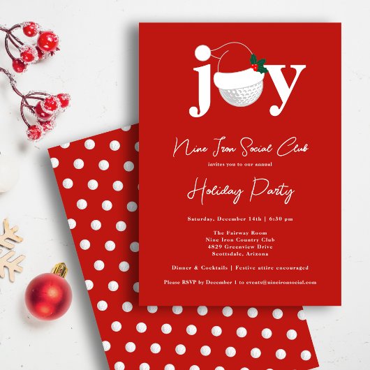 Golf Festive Holiday Party Joy Typography Red  招待状