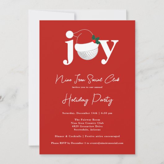 Golf Festive Holiday Party Joy Typography Red 招待状 (正面)