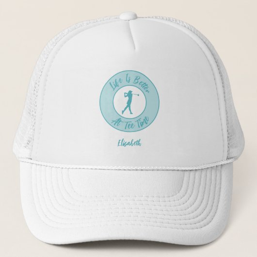 Golf Funny Ladies Golfer Tee Time Teal キャップ (正面)