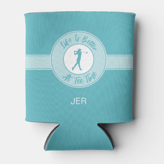Golf Funny Saying Life Tee Time Monogram Teal 缶クーラー (正面)
