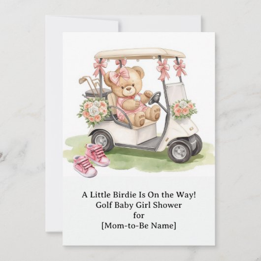Golf Girl Baby Shower with teddy bear on golf cart 招待状 (正面)