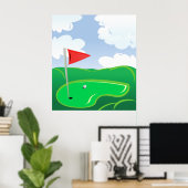 Golf Green with Red Flag and Ball ポスター (ホームオフィス)