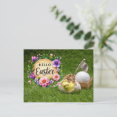 Golf Happy Easter with chicken and golf ball シーズンポストカード (スタンド正面)