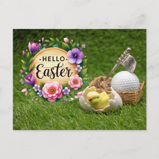 Golf Happy Easter with chicken and golf ball シーズンポストカード (正面)