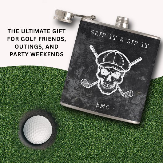  Golf Humor Grip It Sip It Custom Initials Black フラスク