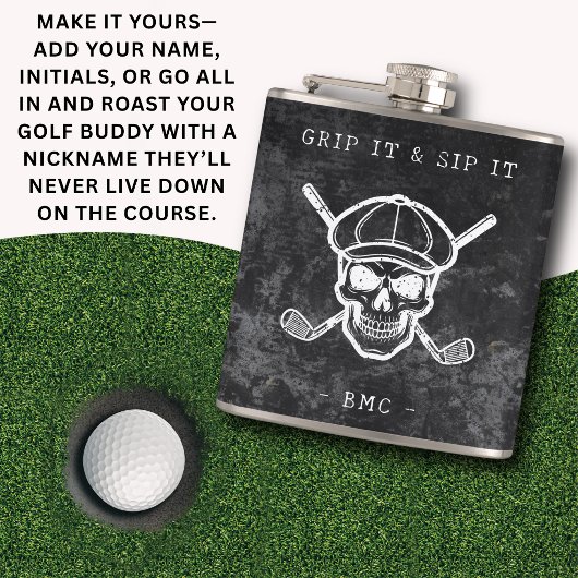  Golf Humor Grip It Sip It Custom Initials Black フラスク