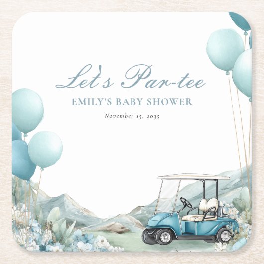 Golf Let's Par-tee Blue Baby Shower スクエアペーパーコースター (正面)