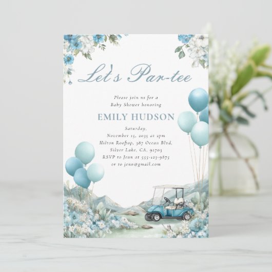 Golf Let's Par-tee Blue Baby Shower 招待状 (スタンド正面)