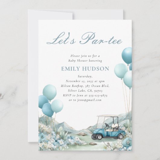 Golf Let's Par-tee Blue Baby Shower 招待状 (正面)