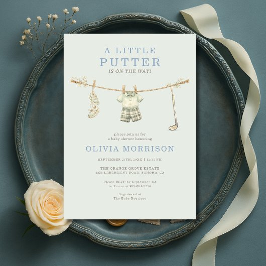 Golf Little Putter Sage Green Boy Baby Shower 招待状