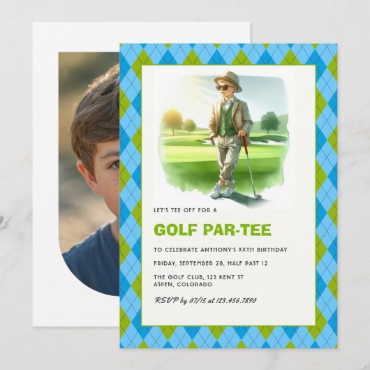 Golf Par-Tee Kids Golf Theme Birthday Party 招待状 (正面/裏面)