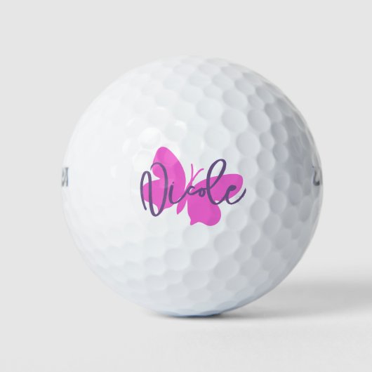 Golf pink butterfly and purple script name ゴルフボール (正面)
