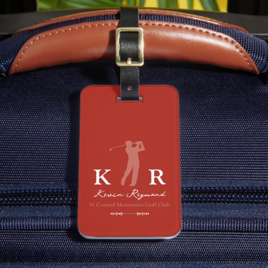 Golf Player Cool Classy Monogram Red ラゲッジタグ (正面インサイチュ2)