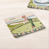 Golf  Retro Golf Chic: Woman Golfer at the Green スクエアペーパーコースター (アングル)