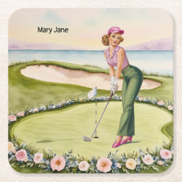Golf  Retro Golf Chic: Woman Golfer at the Green スクエアペーパーコースター