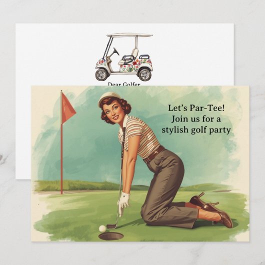 Golf  Retro Golf Chic: Woman Golfer at the Green 招待状 (正面/裏面)