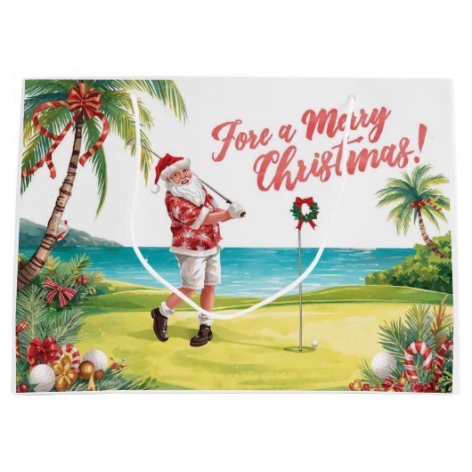 Golf Santa Golfer fore a merry christmas ラージペーパーバッグ (正面)