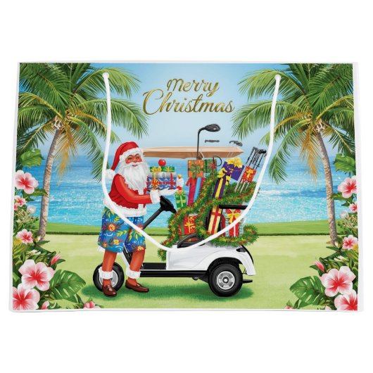 Golf Santa Golfing Tropical Christmas Celebration ラージペーパーバッグ (正面)