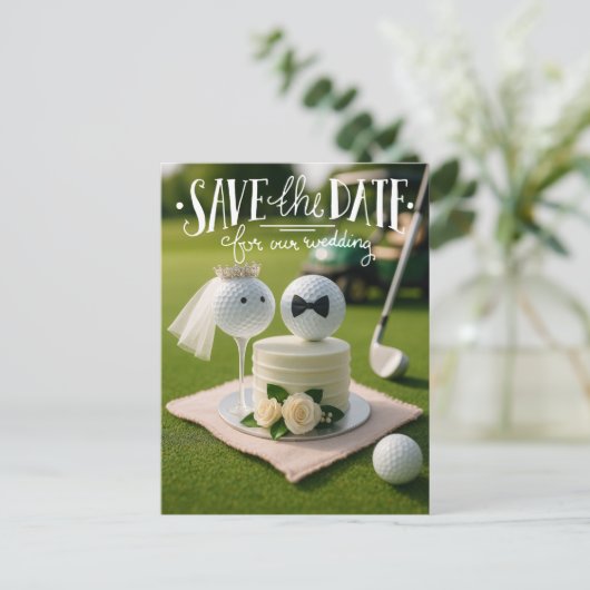 Golf save the date for our wedding with golf balls ポストカード (スタンド正面)