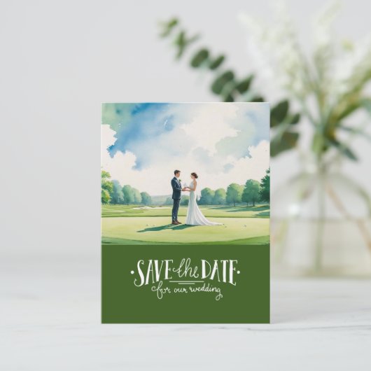 Golf save the date for wedding bride groom  ポストカード (スタンド正面)