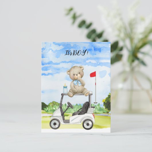 Golf Teddy Bear赤ちゃんシャワーInvitatiのための男の子 ポストカード (スタンド正面)