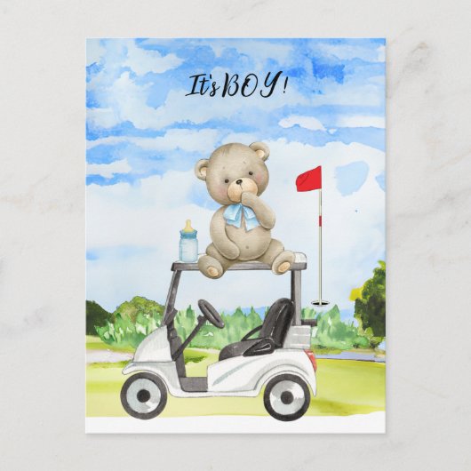 Golf Teddy Bear赤ちゃんシャワーInvitatiのための男の子 ポストカード (正面)