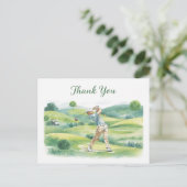 Golf Thank You Card with Golfer Swinging on Green  ポストカード (スタンド正面)