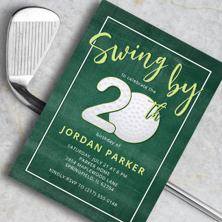 Golf Theme Swing By 20th Birthday Stylish Green 招待状