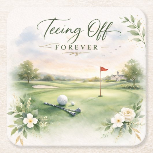 Golf Wedding Paper Cups | Teeing Off Forever スクエアペーパーコースター (正面)