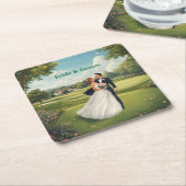 Golf Wedding Party with Bride & Groom on Green スクエアペーパーコースター (アングル)
