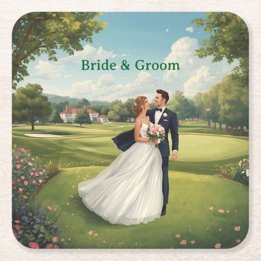 Golf Wedding Party with Bride & Groom on Green スクエアペーパーコースター (正面)