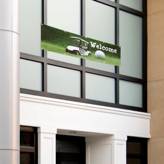Golf Welcomeバナー（緑の草にゴルフカート付き） 横断幕 (ビルの外側)