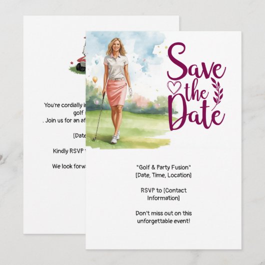 Golf  woman golfer is golfing on green  招待状 (正面/裏面)