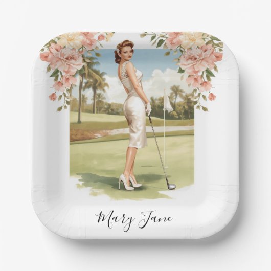 Golf Woman golfer on golf course Bridal  ペーパープレート (正面)