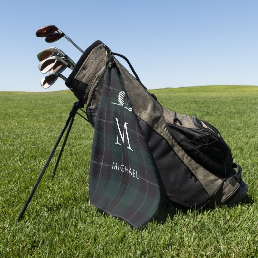 Golfer Gift Minimalist Monogram Plaid Custom Golf ゴルフタオル (グリーン)