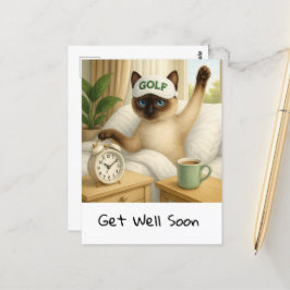 Golfer in bed for cat lovers to get well soon ポストカード