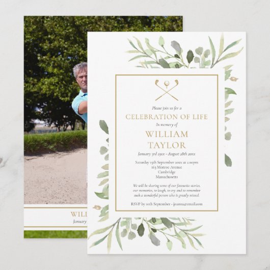 Golfer Photo Celebration of Life Funeral 招待状 (正面/裏面)