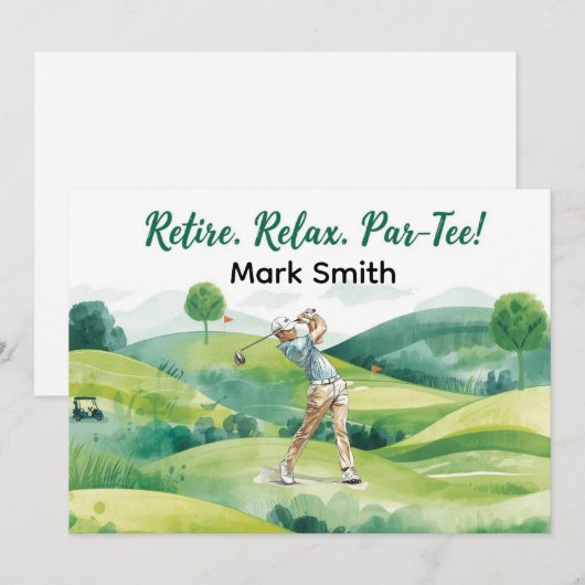 Golfer retirement par tee party golfing on course 招待状 (正面/裏面)