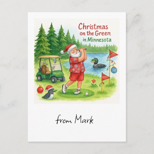 Golfer Santa Claus Golfing in Minnesota Lake view シーズンポストカード (正面)
