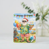 Golfer Santa Hat hold Birthday Cake in Party  ポストカード (スタンド正面)