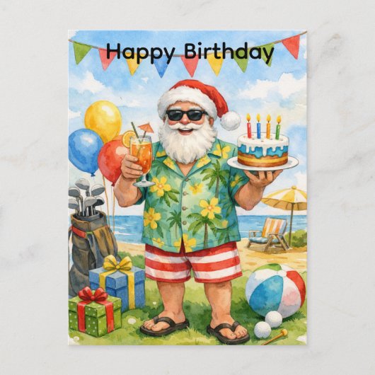 Golfer Santa Hat hold Birthday Cake in Party  ポストカード (正面)