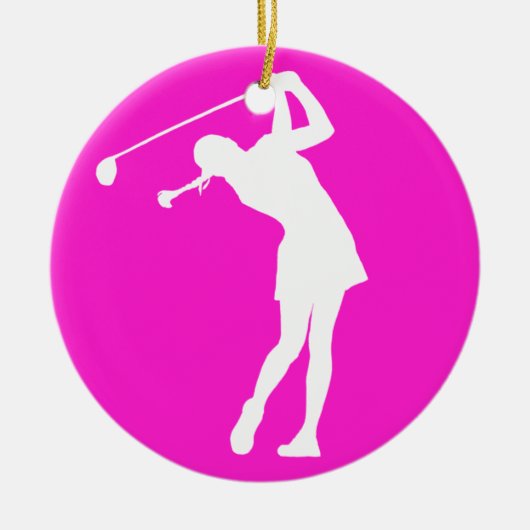 Golfer Silhouette Ornament w/Name女性ピンク セラミックオーナメント (正面)