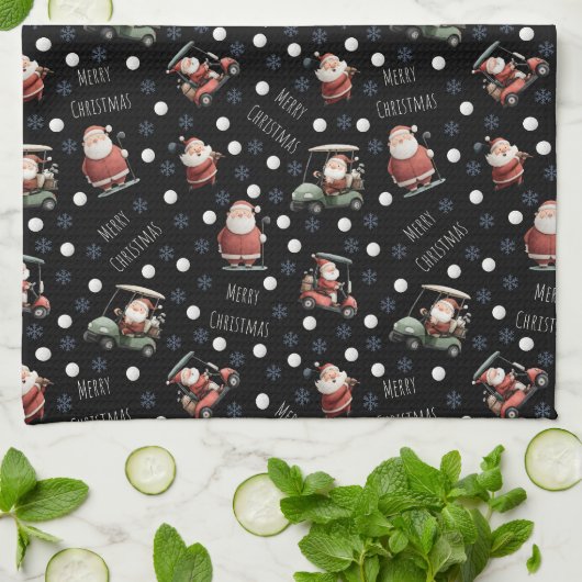 Golfing Santa on Black キッチンタオル (折り畳み)