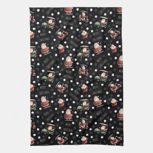 Golfing Santa on Black キッチンタオル (縦)