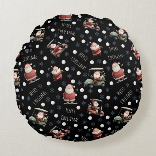 Golfing Santa on Black ラウンドクッション (正面)