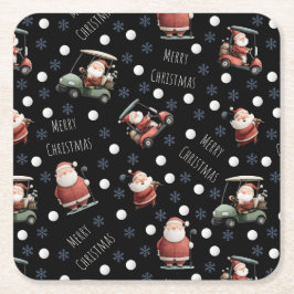 Golfing Santa on Black Paper Coaster スクエアペーパーコースター