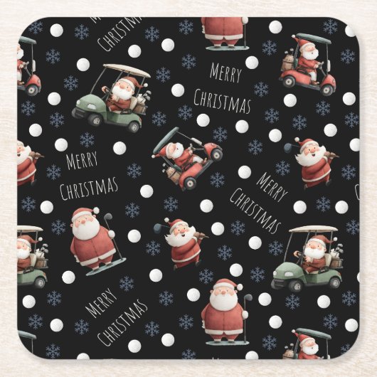 Golfing Santa on Black Paper Coaster スクエアペーパーコースター (正面)