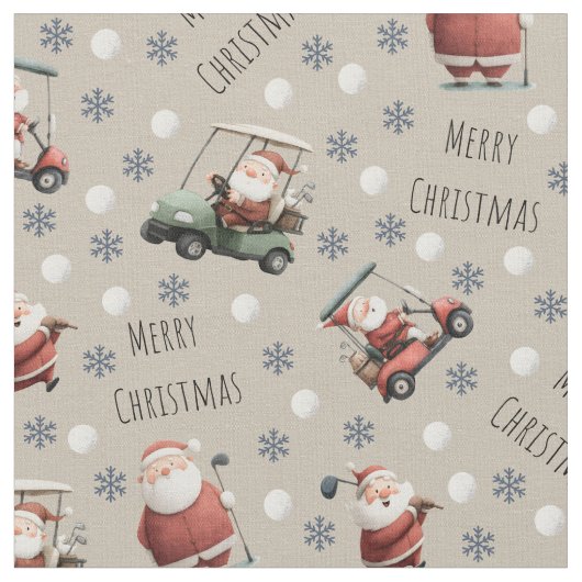 Golfing Santa on Vanilla ファブリック (クローズアップ)